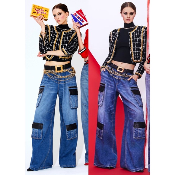 Alice + Olivia Joette Combination Vegan Leather Cargo Jeans - Picture 6 of 15